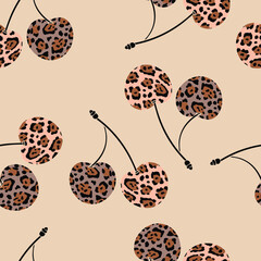 Cherry with a leopard pattern. Berry background. Ornament in beige tones.