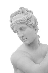 Obraz premium Ancient white marble sculpture head of young woman. Statue of sensual renaissance art era woman antique style. Face isolated on white background