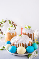 Easter cake and traditional painted eggs. Vertical format