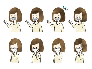 マスクをしている女性の表情セット-水彩