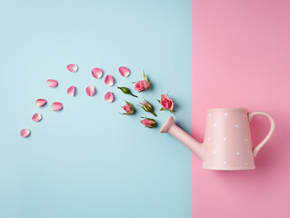 Garden watering can with rose petals and buds on dual tone pink and blue background. Creative spring bloom layout. Flat lay, top view, minimal style. © Aleksandar