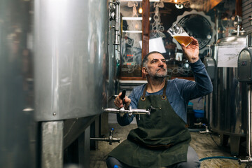 Fototapeta na wymiar brewer examining taste and color of the beer in his craft beer brewery