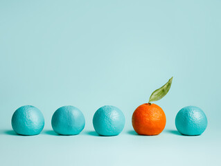 Creative pattern made of outstanding orange fruit surrounded by blue colored oranges on pastel blue background. Fruit minimal concept. Gradient colors palette. Top view, flat lay, close up.