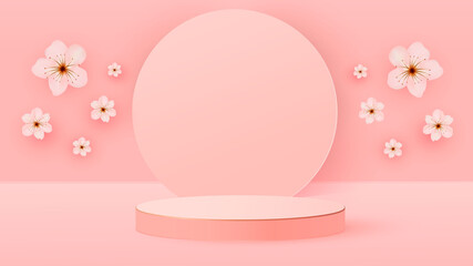 Fototapeta na wymiar 3d render of a box podium with spring flowers. Bright pastel podium or pedestal backgrounds. Vector