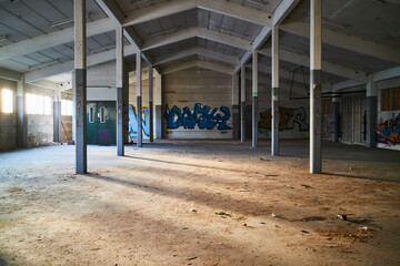 a empty dirty dark barn with poles © Johny