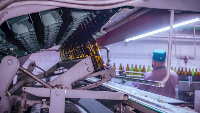 Washer for used glass bottles. Timelapse.