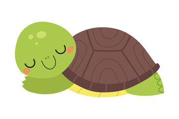 Happy Green Turtle Sleeping and Smiling Vector Illustration