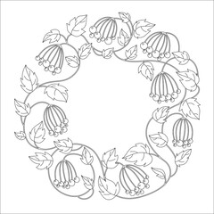 Black and white floral illustration with  berries and leaves. Great graphic element for doodle design.