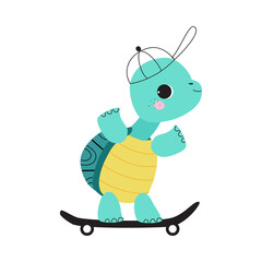 Cute Turtle with Shell and Short Feet Wearing Baseball Cap Skateboarding Vector Illustration