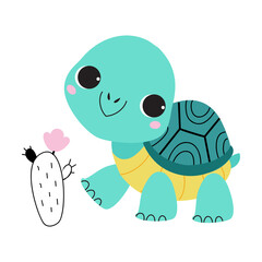 Cute Turtle with Shell and Short Feet Walking Vector Illustration