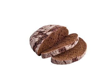 Pieces of sliced round black bread on a white background