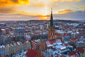 Beautiful old town of Gdansk with City Hall at sunset, Poland