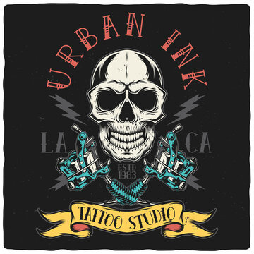 T-shirt or poster design with illustration of skull and tattoo machines