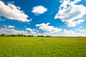 Agricultural landscape. Green wheat field under blue sky view,