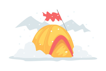 Camping Tent with Flag Rested on Snowy Area as Hiking Equipment Vector Illustration