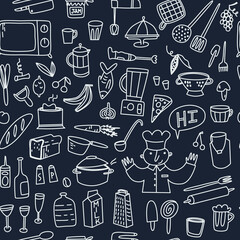 doodle cooking, kitchen vector pattern, white background, coloring page