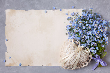  Bouquet of forget me nots flowers and congratulatory paper, letters, heart