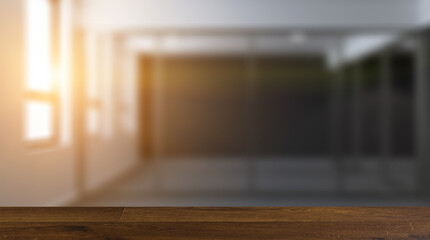 Background with empty table. Flooring. Open space office interior with like conference room. Mockup. 3D