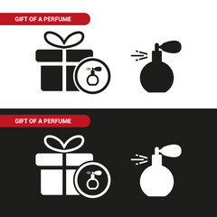 Vector image. Perfume gift icon and a perfume. Basic black color.