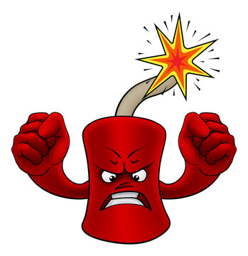 A firecracker or dynamite cartoon angry firework mascot with fists raised