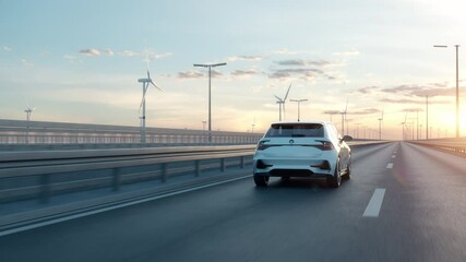 Generic self driving autonomous electric car driving along a bridge or coastal highway with wind turbines in background. Green energy concept. Realistic high quality 3d animation.