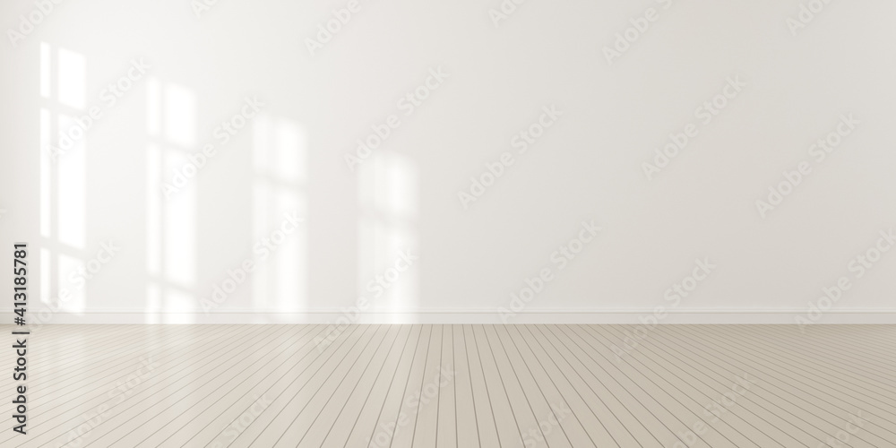 Aufkleber 3d render of modern empty room with wooden floor and large white plain wall.