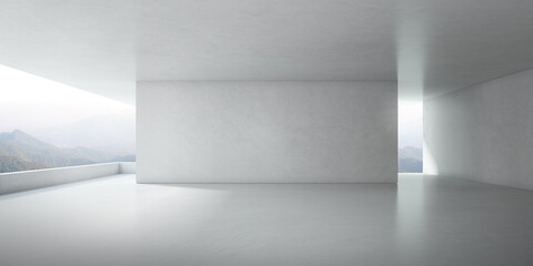 3d render of empty concrete room with large window on nature background. © nuchao