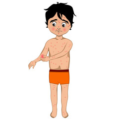 The boy's skin itches. Boy with Itches itchy blisters symptom ill with measles chicken pox pimples. Vector illustration