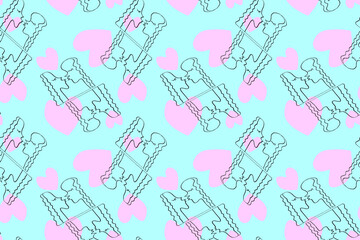 Seamless pattern with kissing people and pink hearts. Line art, doodle, outline abstract kiss as symbol of love. We are connected. Simple vector background, texture