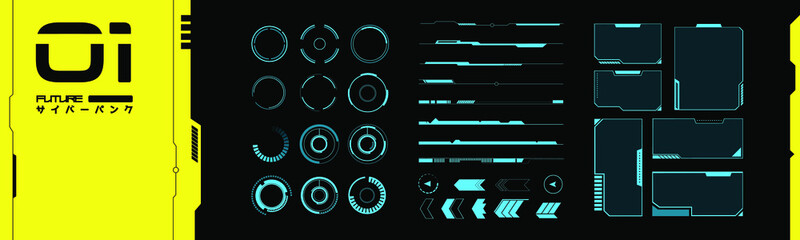 Set of VR elements. Collection of interface objects in cyberpunk style. Futuristic design for your application, software, framework. Future vector objects from 2077. - obrazy, fototapety, plakaty