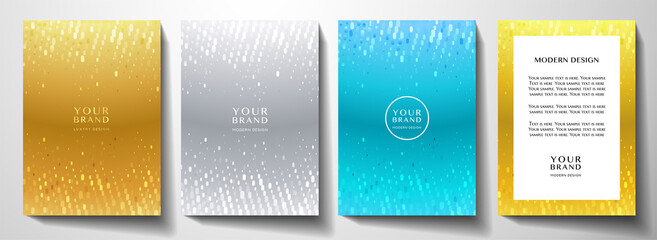 Modern premium cover design set. Sparkle pattern on gold, silver, blue background useful for holiday party poster, notebook template, invite card