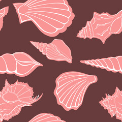 Modern flat outline sea shells, bubbles seamless pattern for fabric, textile, apparel, interior, stationery, wrapping paper, scrapbooking. Trendy marine endless texture. Exotic ocean shells contours.