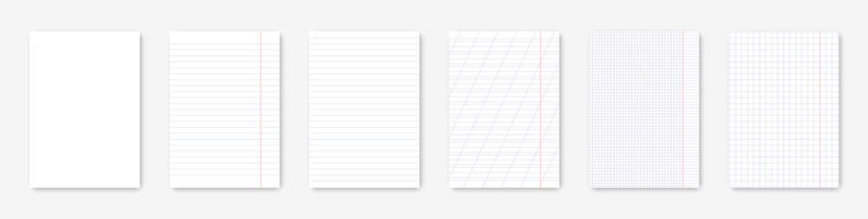 Realistic white notebook sheets: striped, checked, with margins, for writing, empty. Isolated on a light background with realistic shadows. Vector illustration EPS10