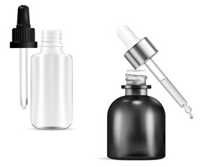 Cosmetic dropper bottle. Serum bottles with drop pipette mockup isolated on white. Essential oil vial black and transparent glass. 3d flask for medicine, liquid collagen flacon illustration