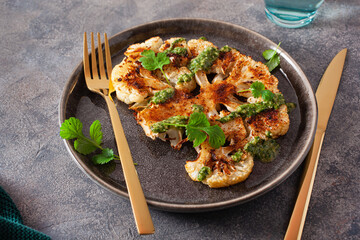 cauliflower steaks with herb sauce and spice. plant based meat substitute