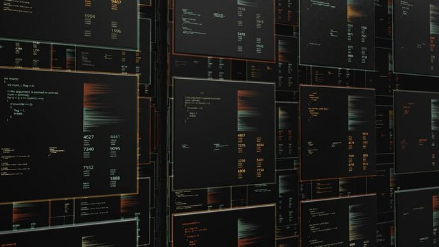 Millions of flying panels with changing digital information on black background, seamless loop. Animation. Concept of business and market. 