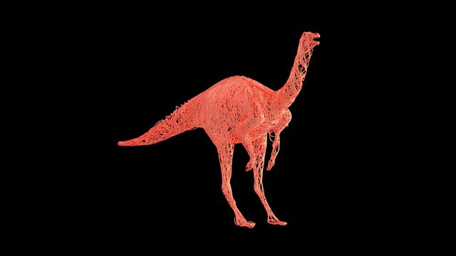 Artistic Gallimimus (Dinosaur) revealed from wire. A rotating 360 degree camera reveals it. It's a 4K .mov ProRes 4444 with Alpha Channel footage.