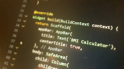 Screen of flutter application developing code. Lines of code on computer screen