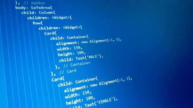Screen of flutter application developing code. Lines of code on computer screen