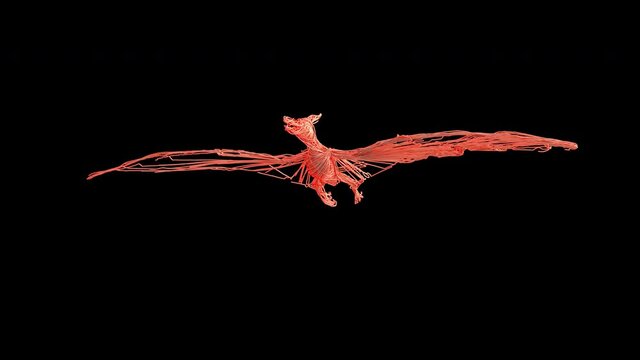 Artistic Pterodactyl (dinosaur) revealing from wire. A rotating 360 degree camera reveals it. It's a 4K .mov ProRes 4444 with Alpha Channel footage.