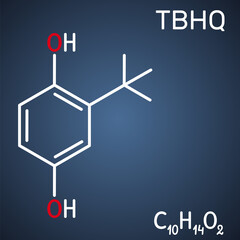 TBHQ, tert-Butylhydroquinone, tertiary butylhydroquinone molecule. It is antioxidant, food additive E319, derivative of hydroquinone. Dark blue background