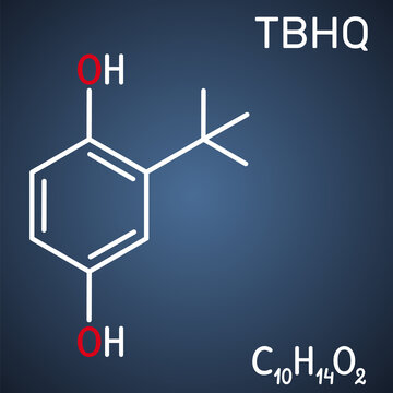 TBHQ, tert-Butylhydroquinone, tertiary butylhydroquinone molecule. It is antioxidant, food additive E319, derivative of hydroquinone. Dark blue background
