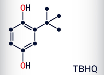 TBHQ, tert-Butylhydroquinone, tertiary butylhydroquinone molecule. It is antioxidant, food additive E319, derivative of hydroquinone. Skeletal chemical formula