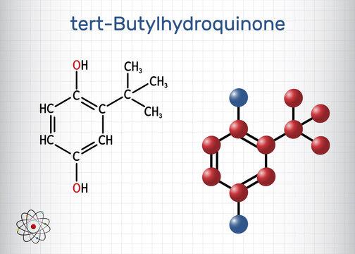 TBHQ, tert-Butylhydroquinone, tertiary butylhydroquinone molecule. It is antioxidant, food additive E319, derivative of hydroquinone. Sheet of paper in a cage