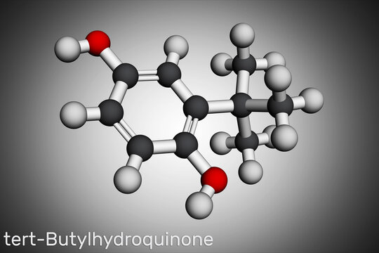 TBHQ, tert-Butylhydroquinone, tertiary butylhydroquinone molecule. It is antioxidant, food additive E319, derivative of hydroquinone. Molecular model. 3D rendering
