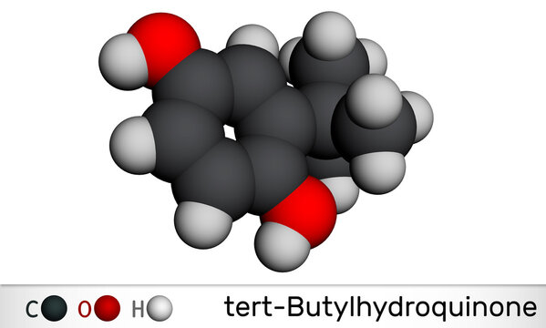 TBHQ, tert-Butylhydroquinone, tertiary butylhydroquinone molecule. It is antioxidant, food additive E319, derivative of hydroquinone. Molecular model. 3D rendering
