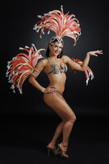 Attractive female cabaret dancer in carnival costume with red and pink feathers.