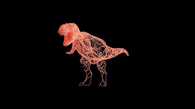 Artistic T-Rex Dinosaur revealed from wire. A rotating 360 degree camera reveals it. It's a 4K .mov ProRes 4444 with Alpha Channel footage.