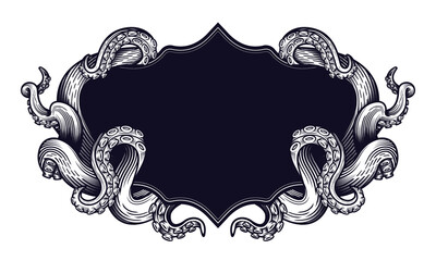 Tentacles of an octopus label frame design. Hand drawn vector illustration in engraving technique isolated on white.   - obrazy, fototapety, plakaty