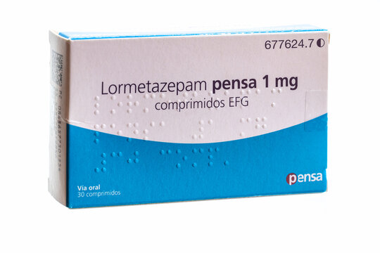 Huelva, Spain-February 12,2021: Lormetazepam from Pensa laboratory. Lormetazepam is considered a hypnotic benzodiazepine and is officially indicated for moderate to severe insomnia